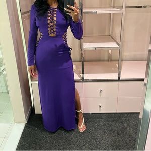 Purple L’atiste lace-up Double Split Dress w/Gold Hardware.